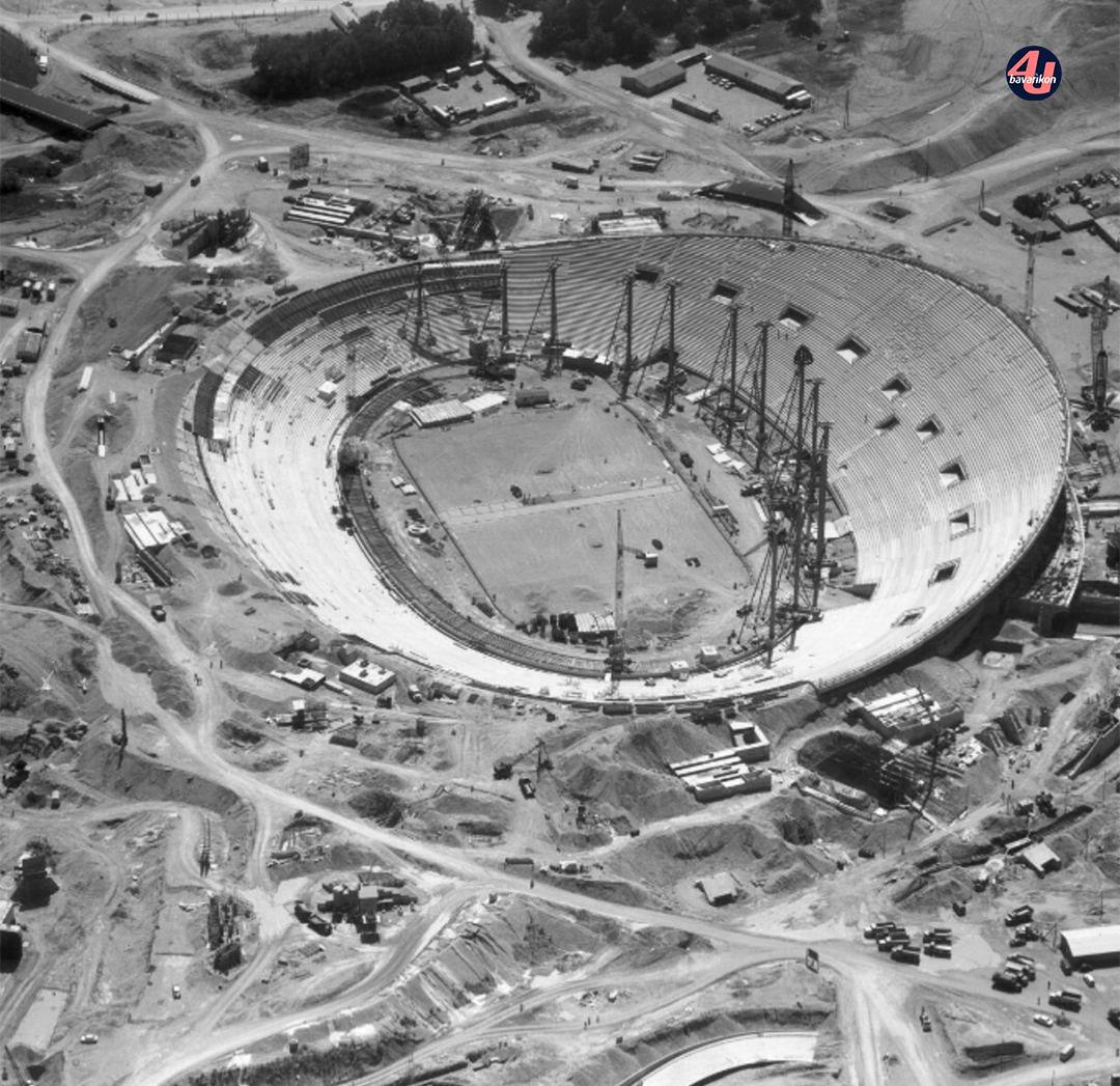 Bau des Olympiastadions aus der Vogelperspektive